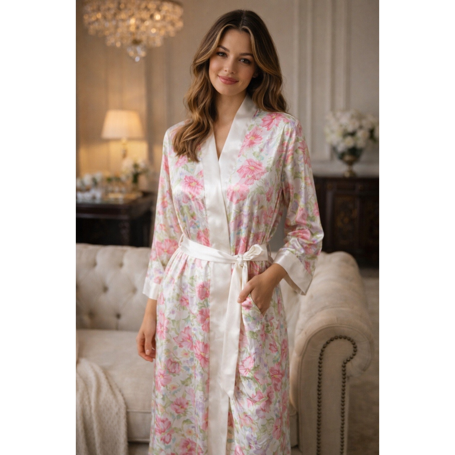 Lord & Taylor Size M Floral Satin Long Robe Luxury Pink New With Out Tag